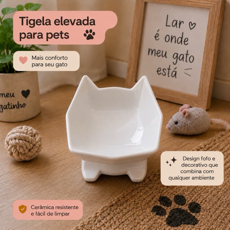 Tigela Gatinho Geometrico Cerâmica Premium | Pote para Ração Pet Decorativo 300ml Gato e Cachorro