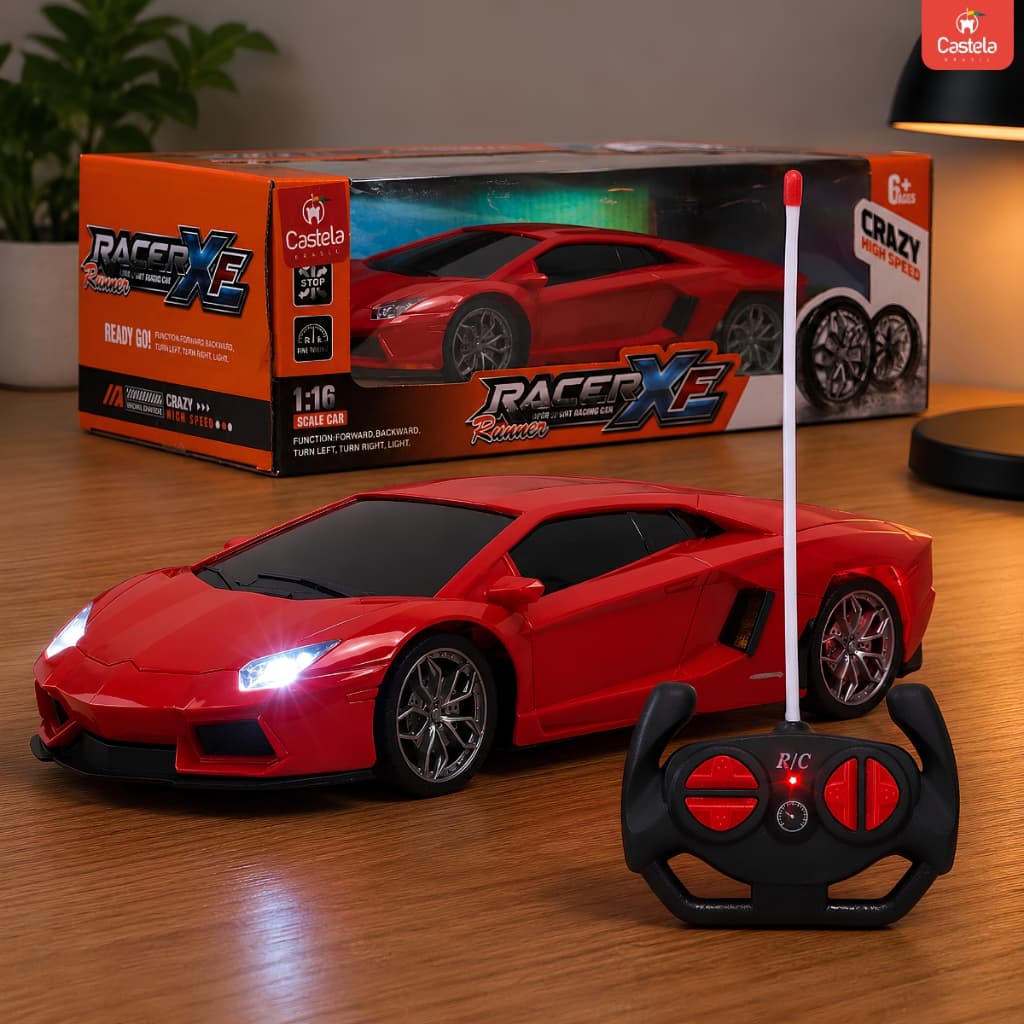 Brinquedo Carrinho de Controle Remoto Esportivo Vermelho C/ Luz Para Crianças - Castela