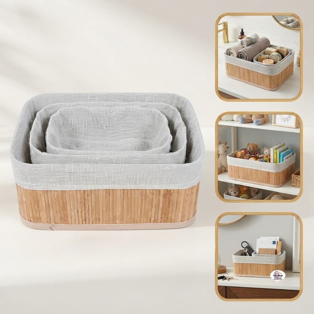 Kit 3 Cestos Organizadores de Bambu Branco Bege Multiuso Banheiro Cozinha Lavabo Cesta Organizadora Premium