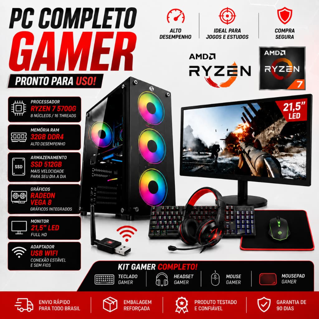 Pc Completo Gamer Ryzen 7 5700g Ssd 512gb 2x16gb 3200MHZ Monitor 21,5'' - Kit Gamer: Teclado, Mouse e Headset
