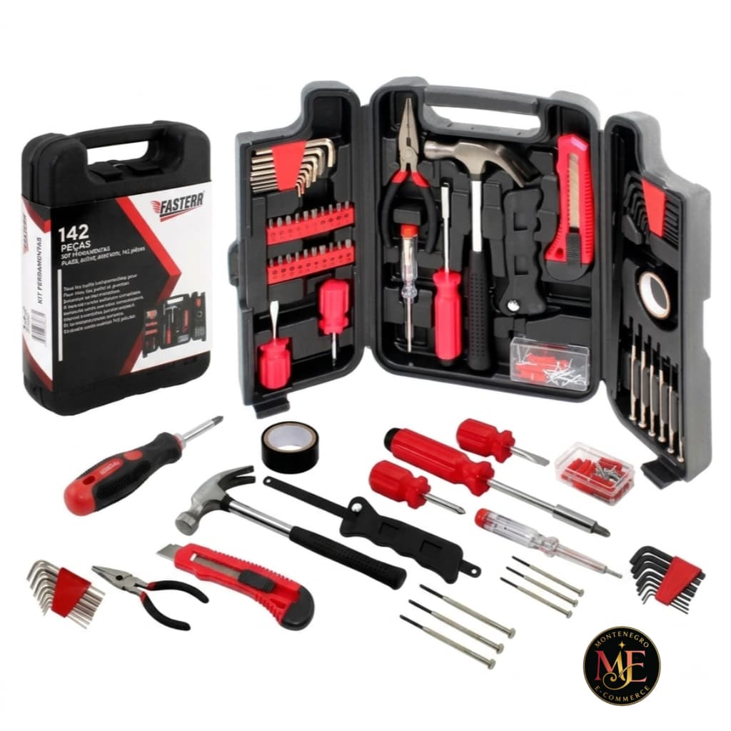 Kit Ferramentas Completo 142 Peças Maleta Jogo Multiuso Chaves Martelo Soquetes Manuais Oficina