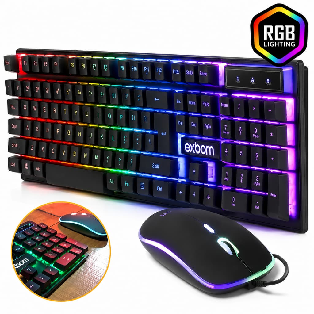 Kit Teclado e Mouse Gamer USB LED RGB Exbom BK-G550 Para PC Notebook Computador Windows Com Fio