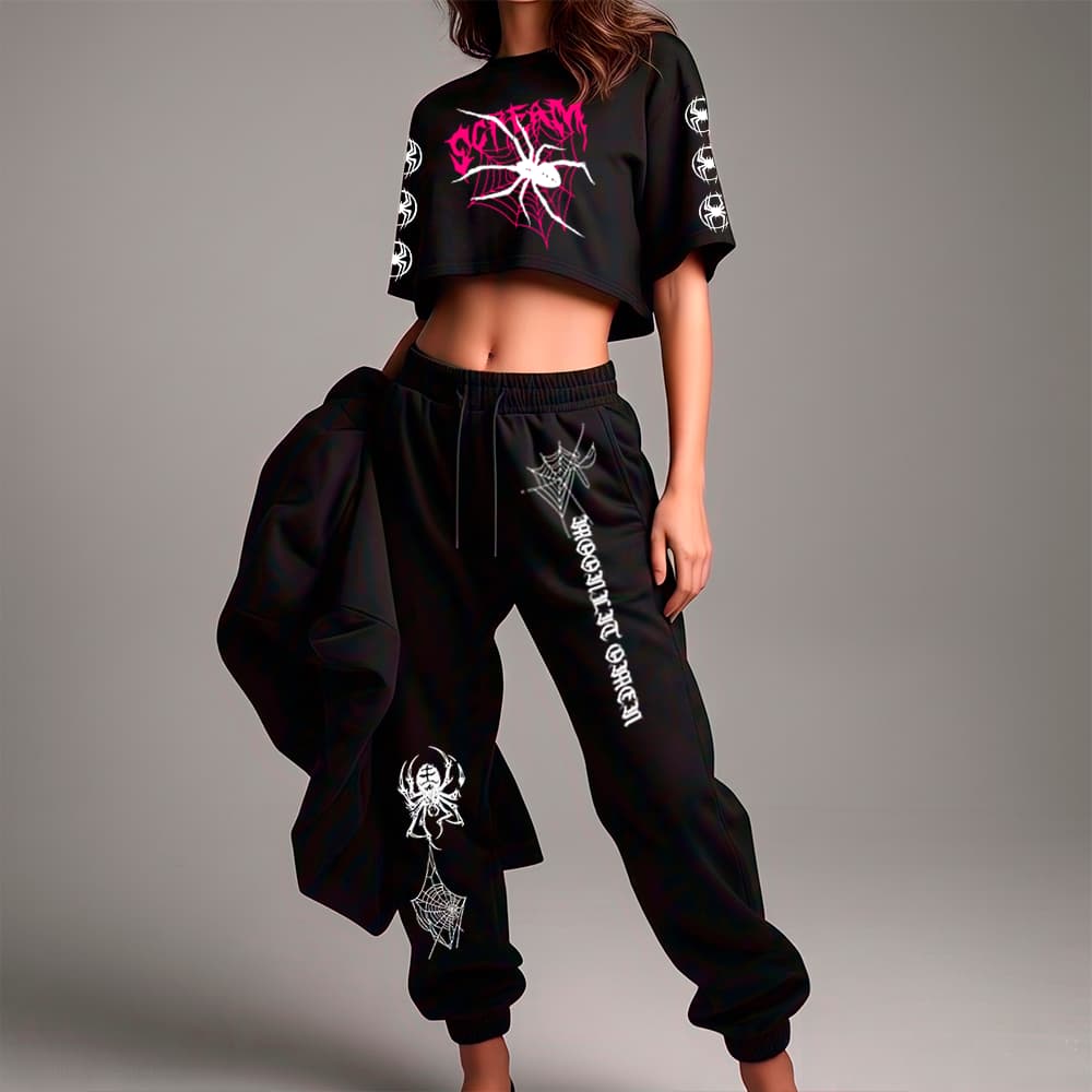 Kit Conjunto Feminino Cropped Oversized e Calça Jogger Moletom Estilo Streetwear Aranha Teia Spider Girl Fashion Gotica