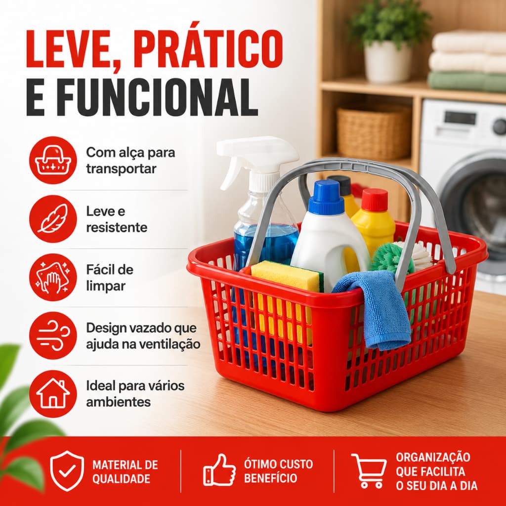 Cesta Organizadora Vermelha Com Alça 9L Multiuso Lavanderia Banheiro Cozinha Despensa