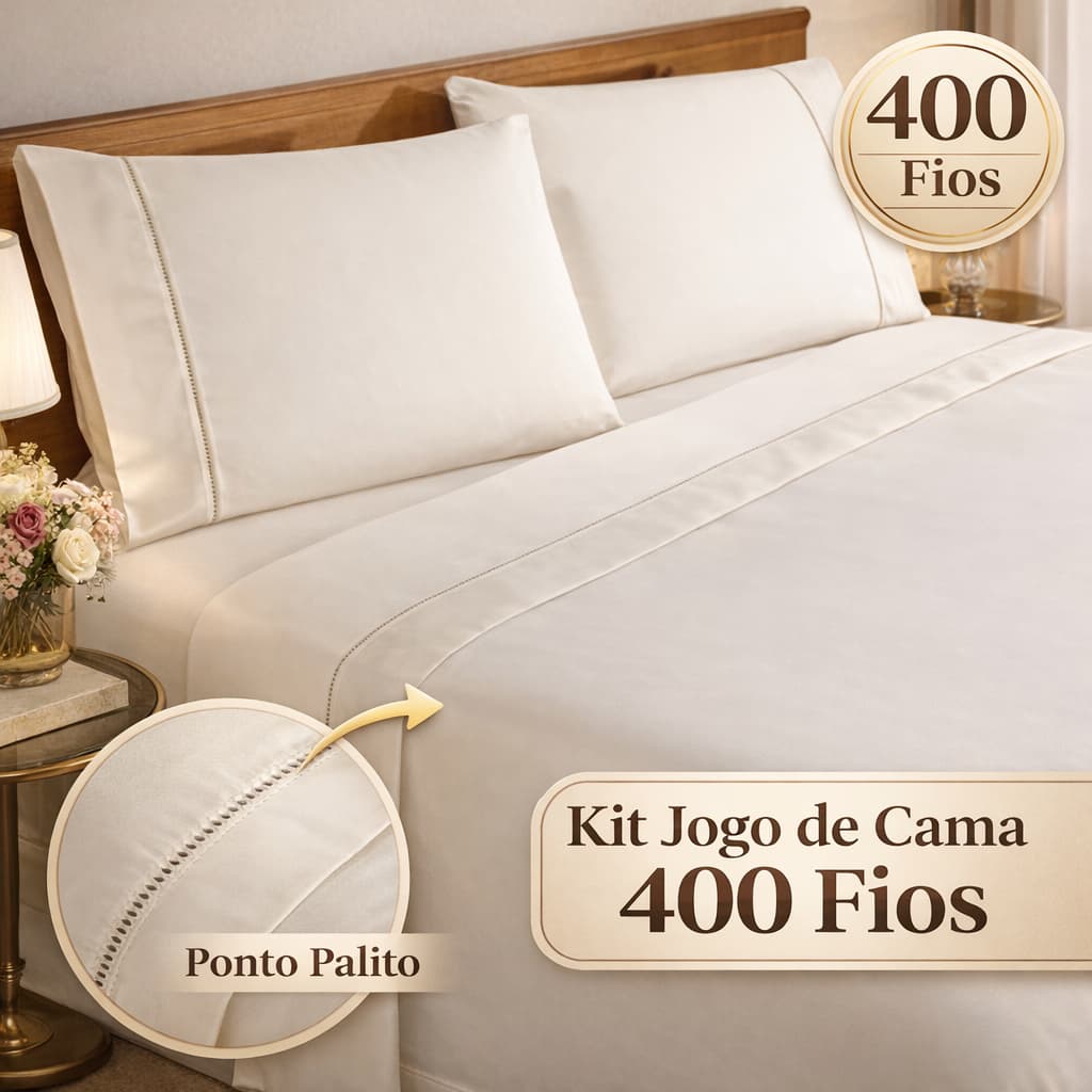 Jogo de Cama Lençol Casal 4 Peças Algodão 400 Fios Luxo Elasticado Em Volta