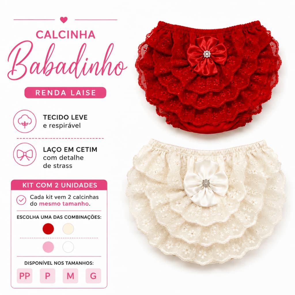 Kit 2 Unidades Calcinha Babadinho Bebê Renda Laise Tapa Fralda Infantil Menina Com Laço em Cetim
