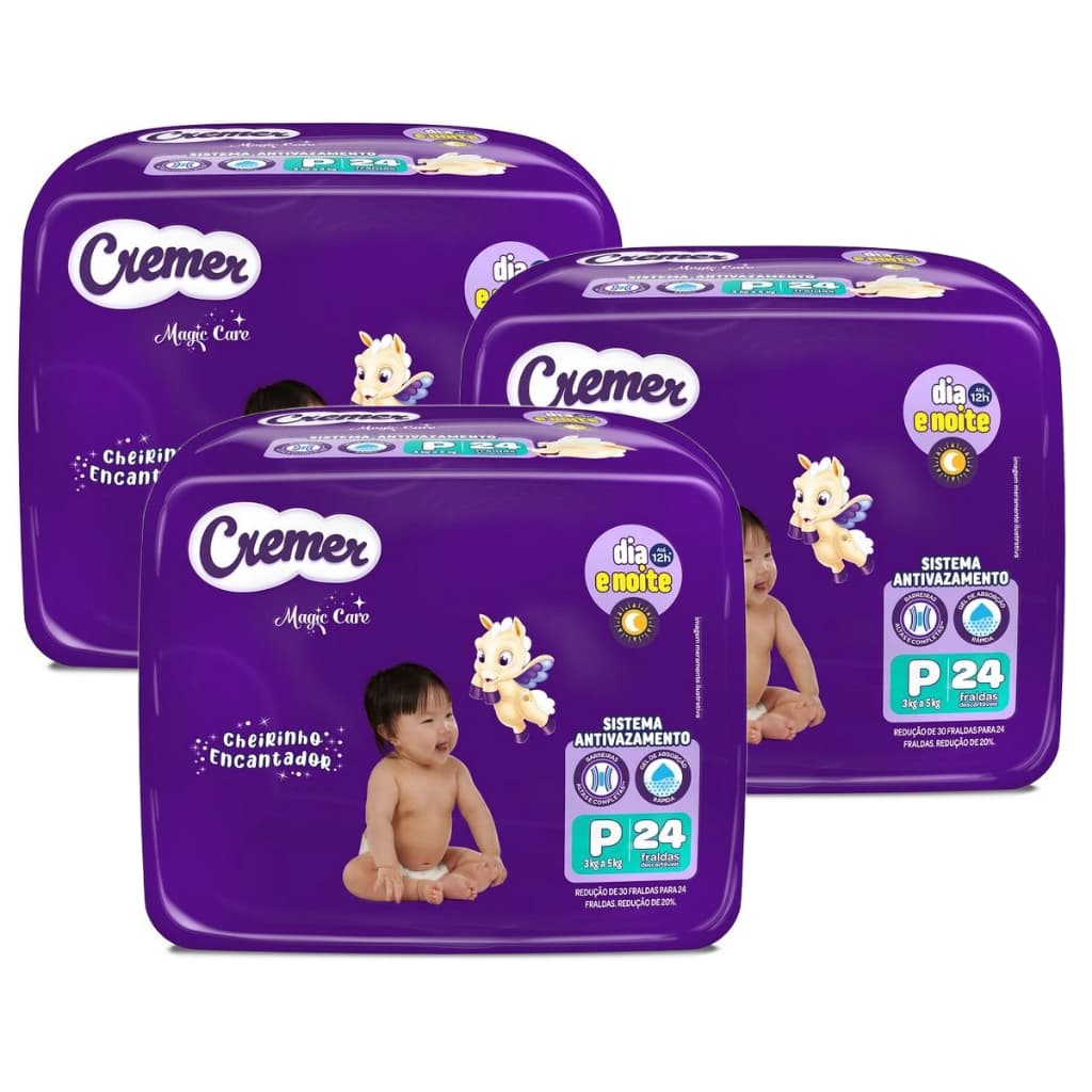 Kit 3ptes Fraldas Cremer Jumbo P 24un cada  - Total 72unidades