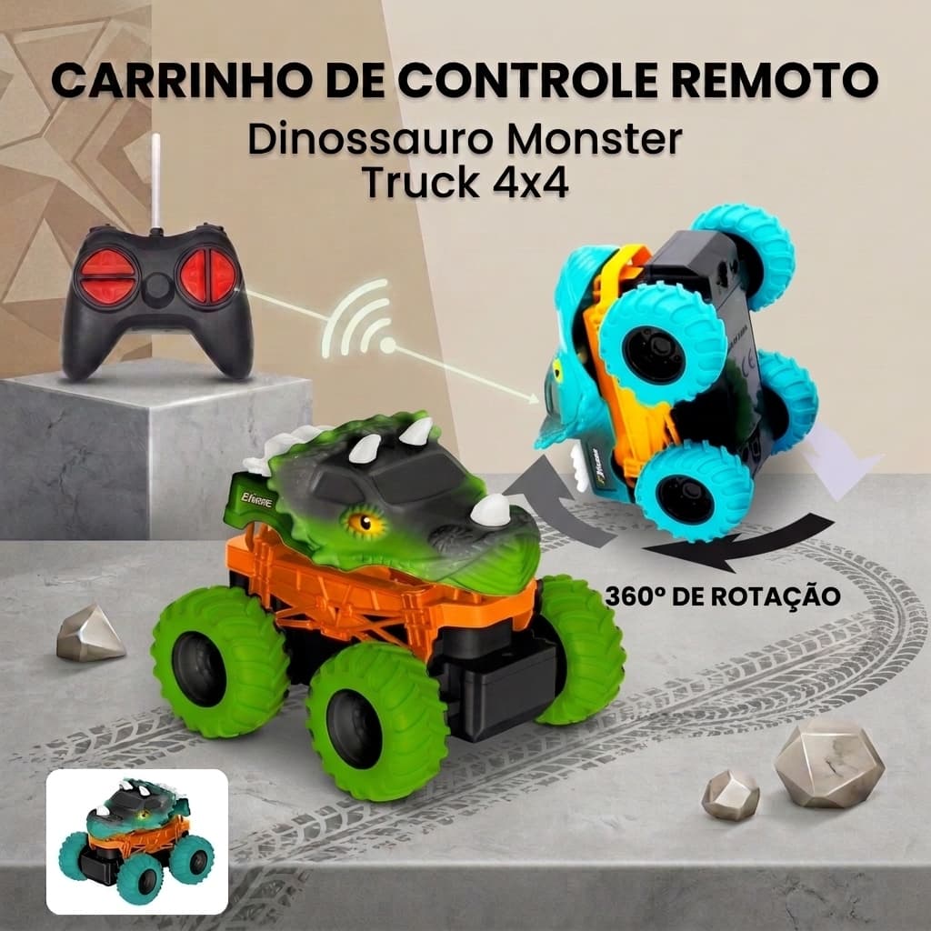 Carrinho de Controle Remoto Dinossauro Monster Truck 4x4 Off Road com Pneus Grandes para Crianças