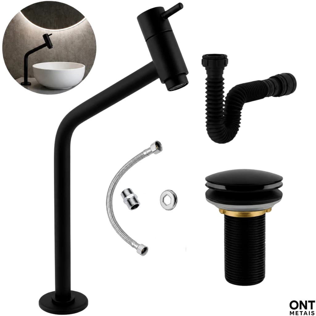 Kit Completo Torneira Preta ABS, Válvula Click, Sifão Universal e Engate Flexível 40 cm.