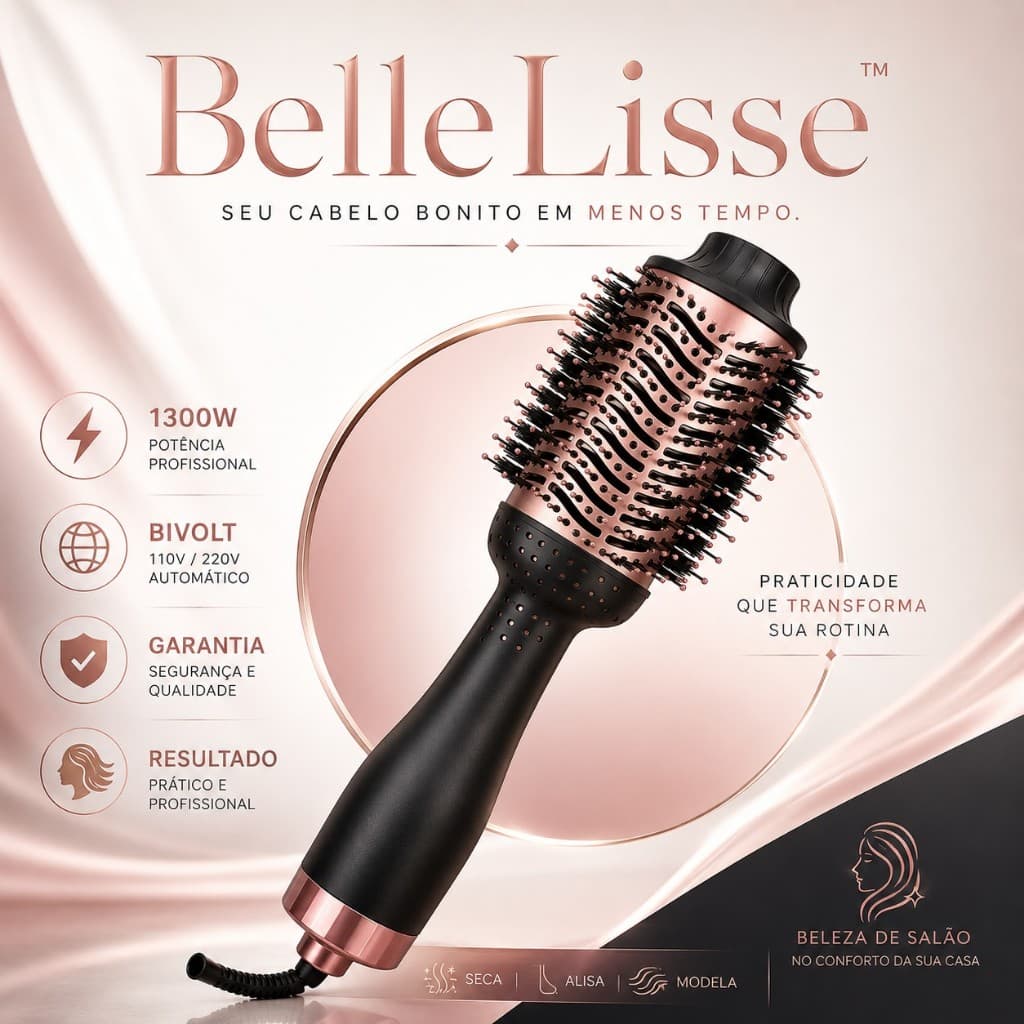 Escova Secadora Modeladora Profissional BelleLisse™ 1300W Bivolt Seca Alisa Modela Todos os Tipos de Cabelo