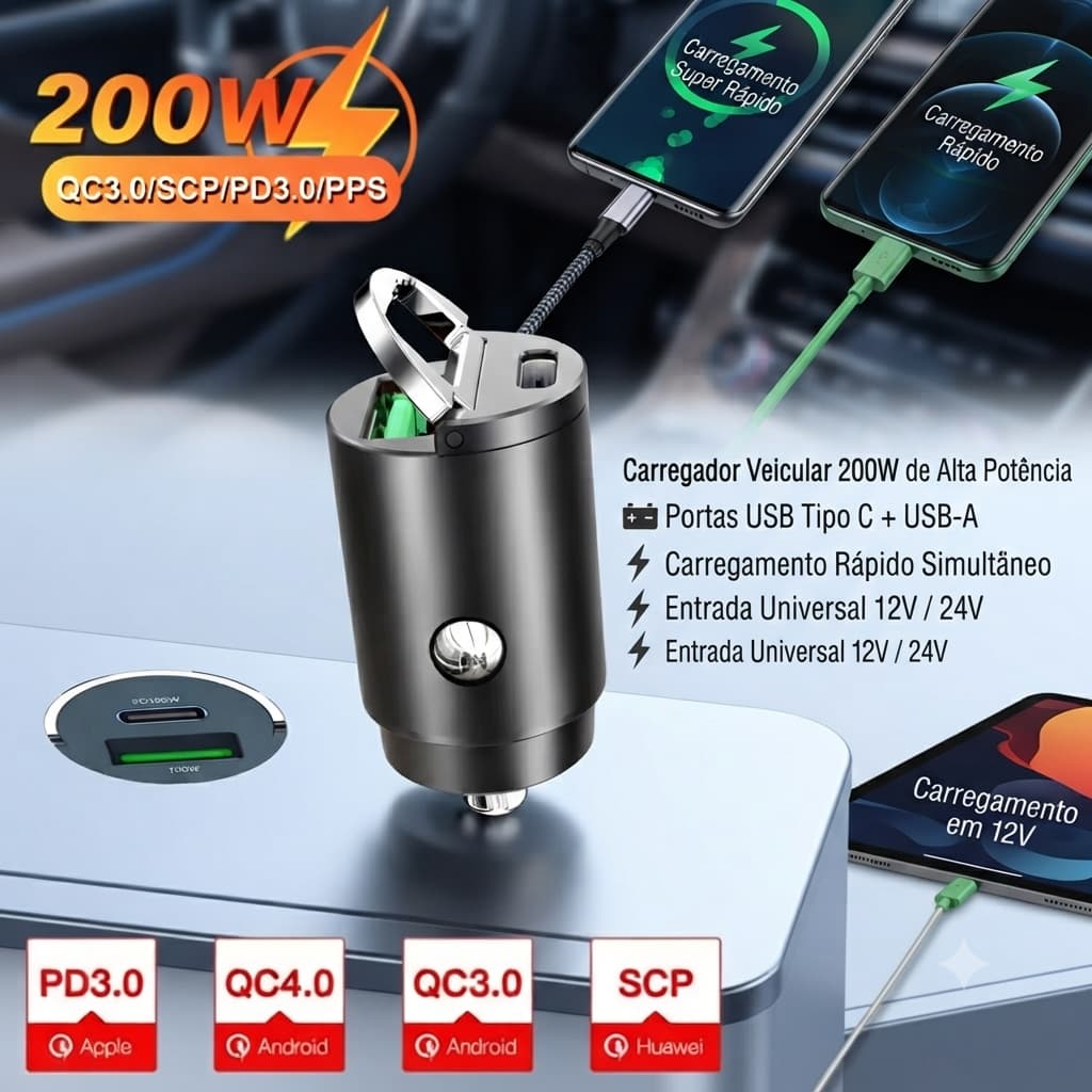 Carregador Veicular QC3.0 PD 200W USB Tipo C + USB Carregamento Rápido 12V 24V