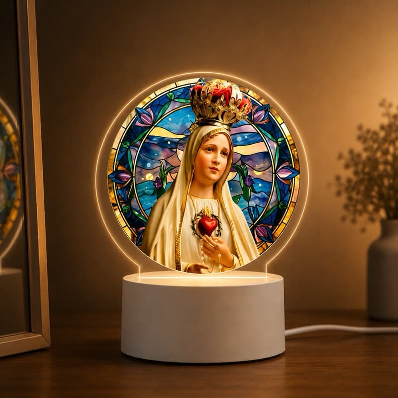 Luminária LED UV Nossa Senhora de Fátima | Decoração Religiosa Católica | Luz Branco Quente | Presente Igreja