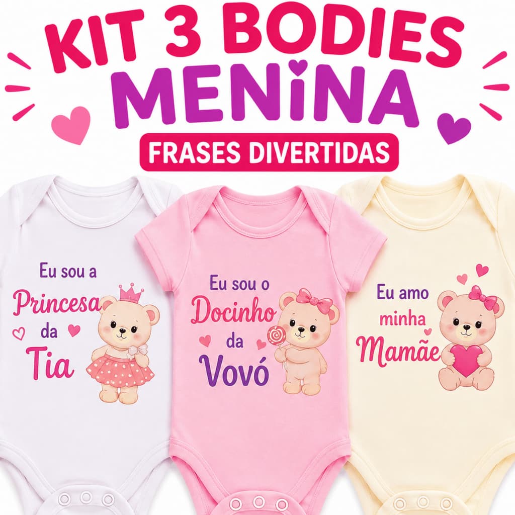 Body Bebê Menina Frases Divertidas Kit 3 Peças Temático Verão 100% Algodão Roupa Enxoval RN P M G
