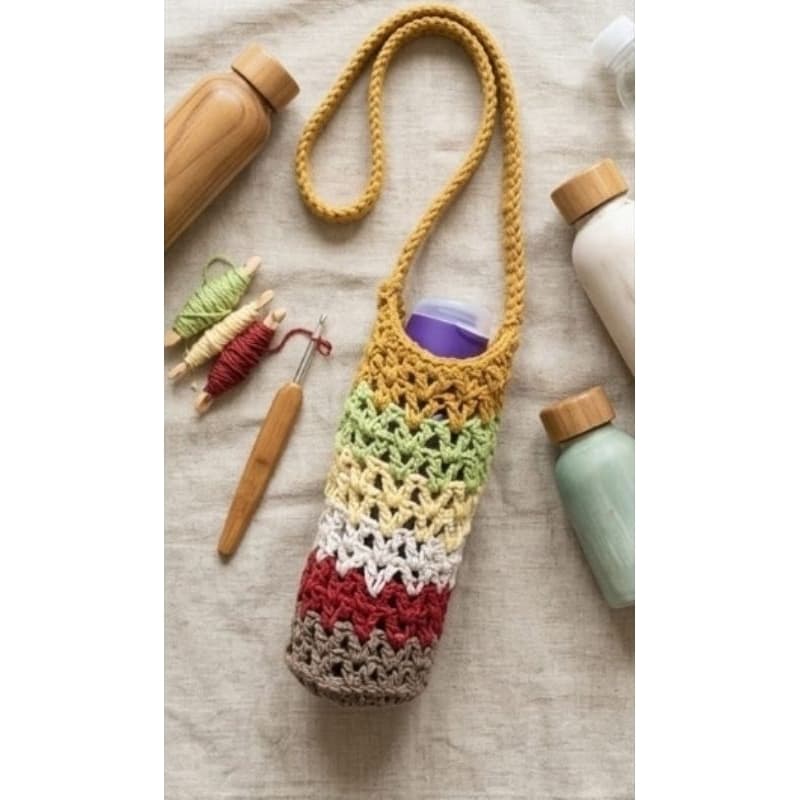 Suporte Porta Garrafa de Água em Crochê Artesanal - Bag de Barbante Leve para Caminhada, Academia e Esportes (10x20cm)