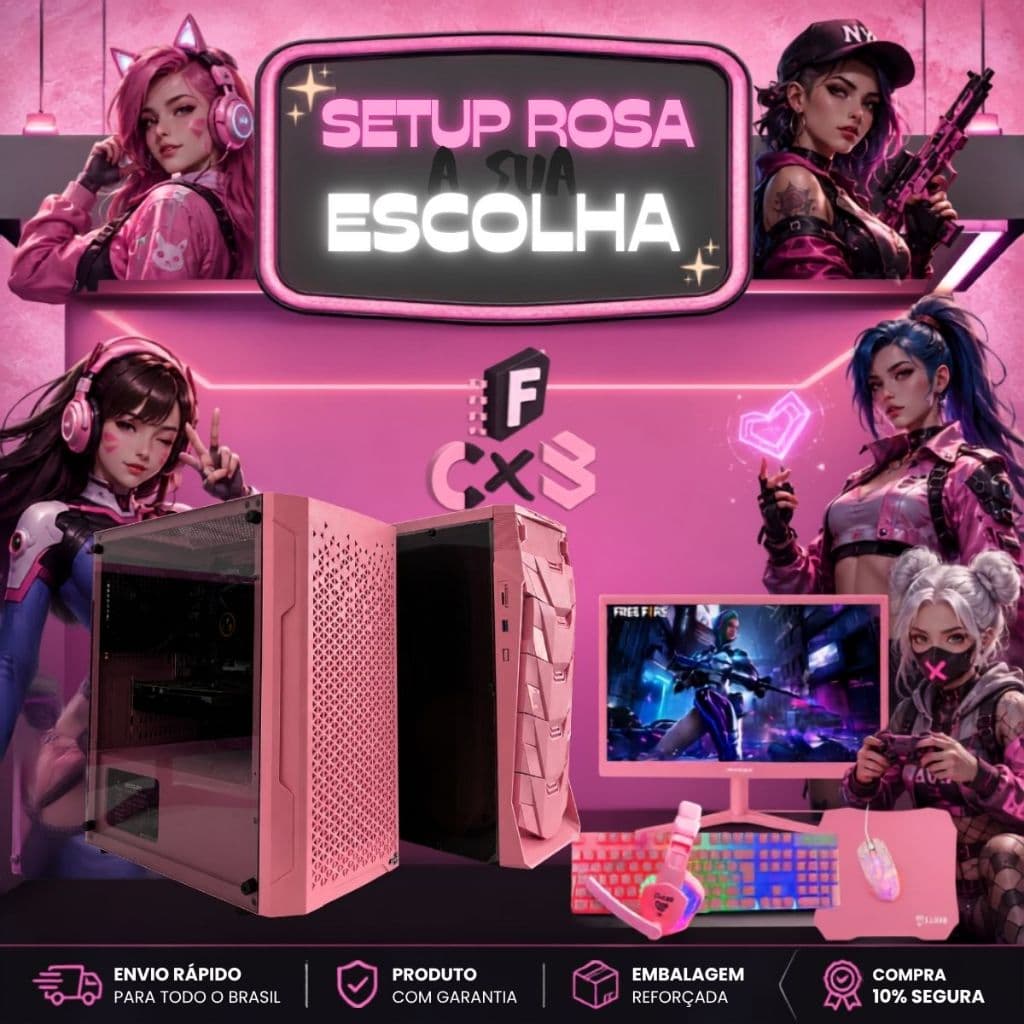 Pc Gamer Rosa Completo CPU i7 °6, RAM 16gb + SSD 480gb + GTX1050Ti 4gb + Monitor 19 + Kit Gamer Rosa