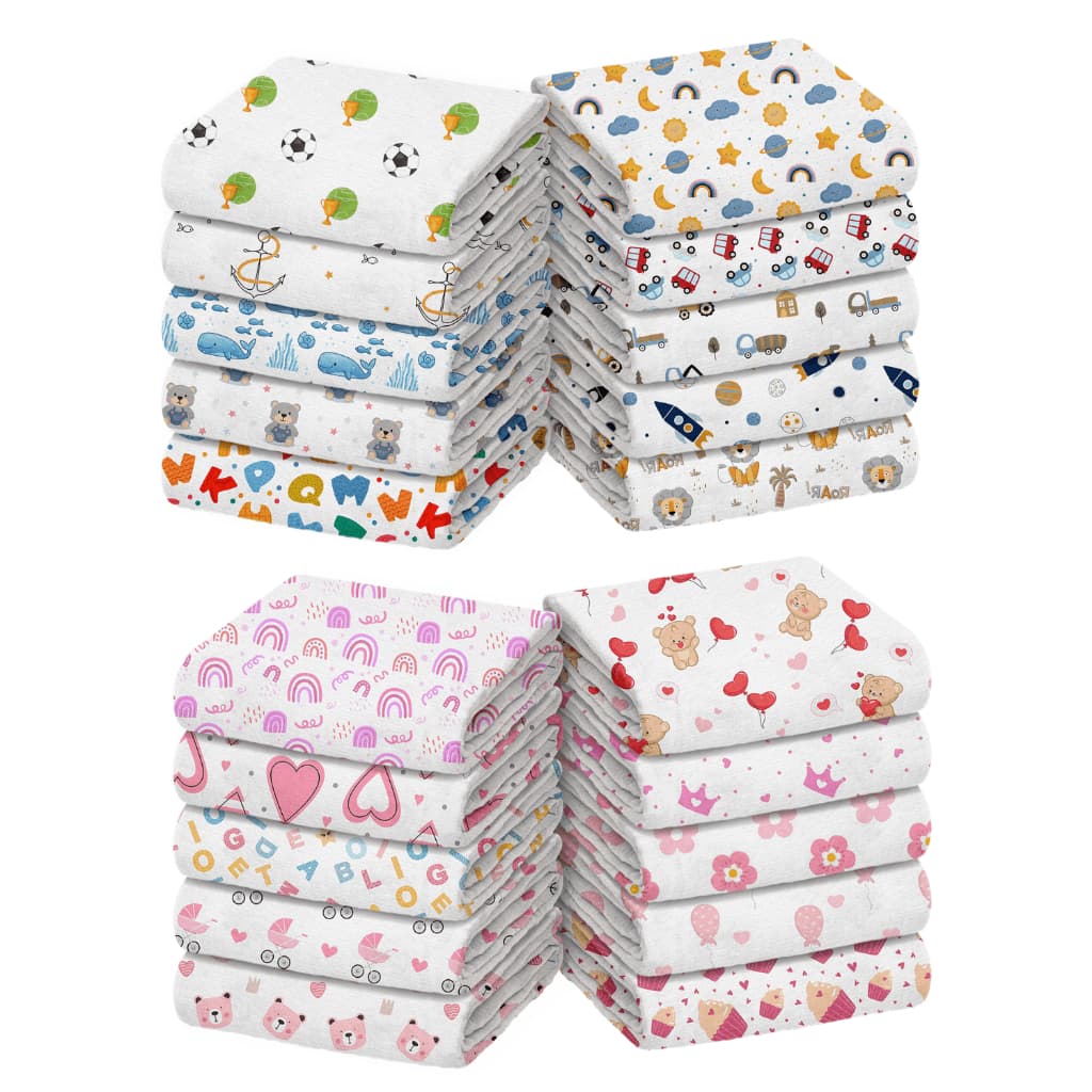 Pacote com 10 Fraldas de Pano Modelo Luxo 70x70cm Alta Qualidade Dupla Estampas Sortidas Para Bebês e Recém Nascidos