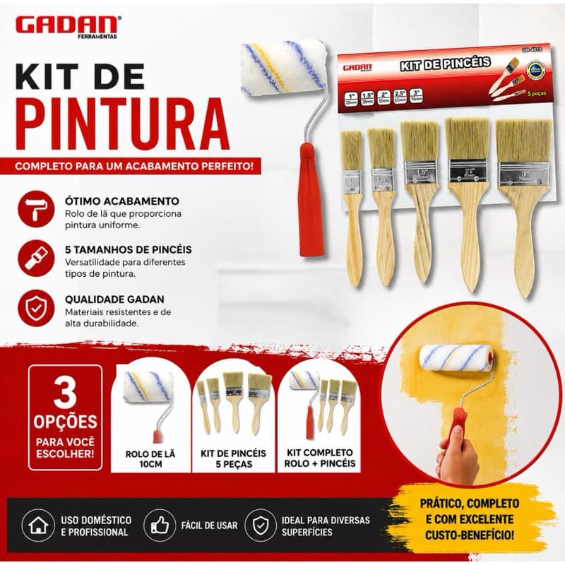 Kit de Pintura  – Rolo de Lã 10cm + Kit de Pincéis 5 Peças | Opção de Compra Individual ou Kit Completo