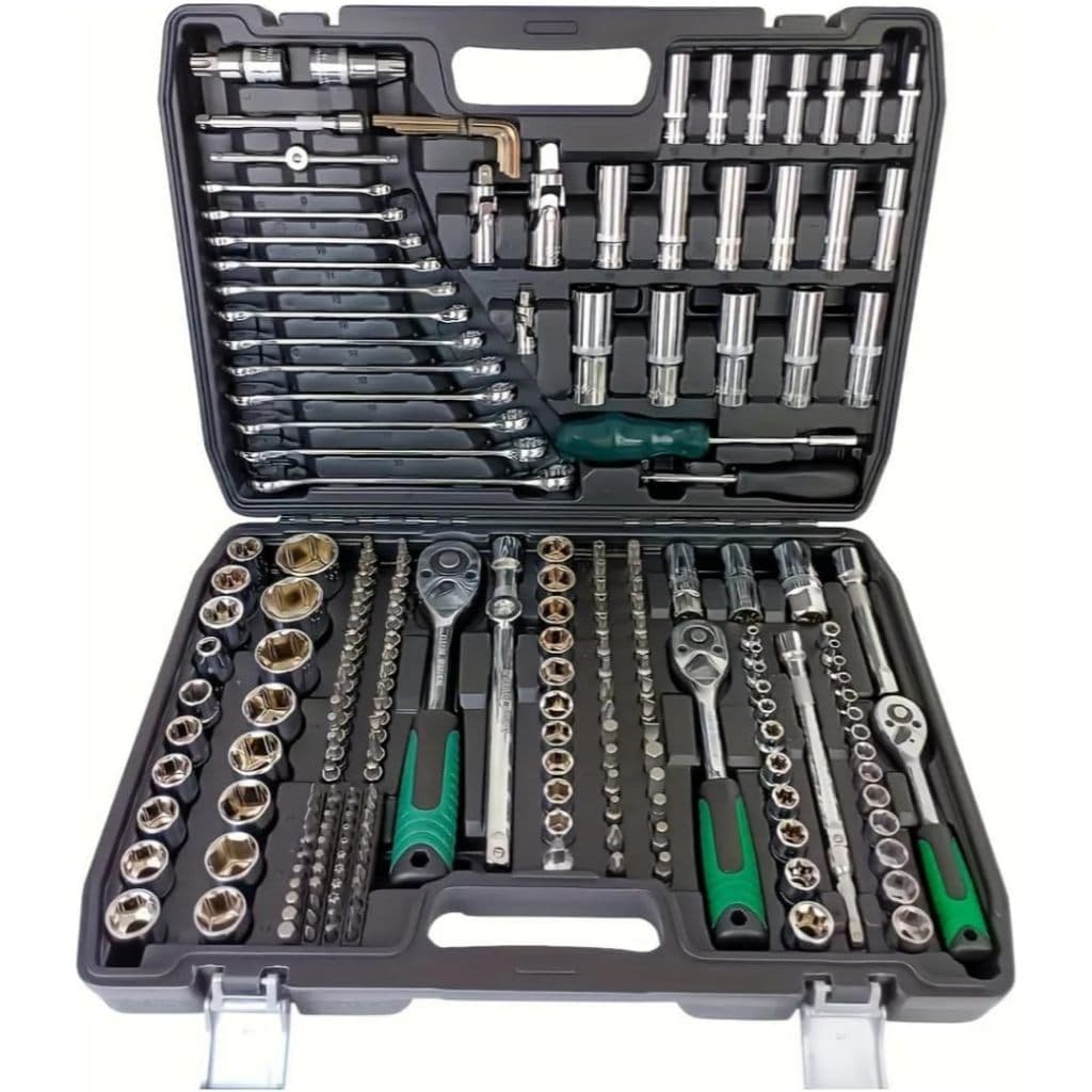Kit Completo de Ferramentas 150 Peças Aço Cr‑V, Jogo de Soquete com Catraca, Estojo Rígido para Manutenção Automotiva