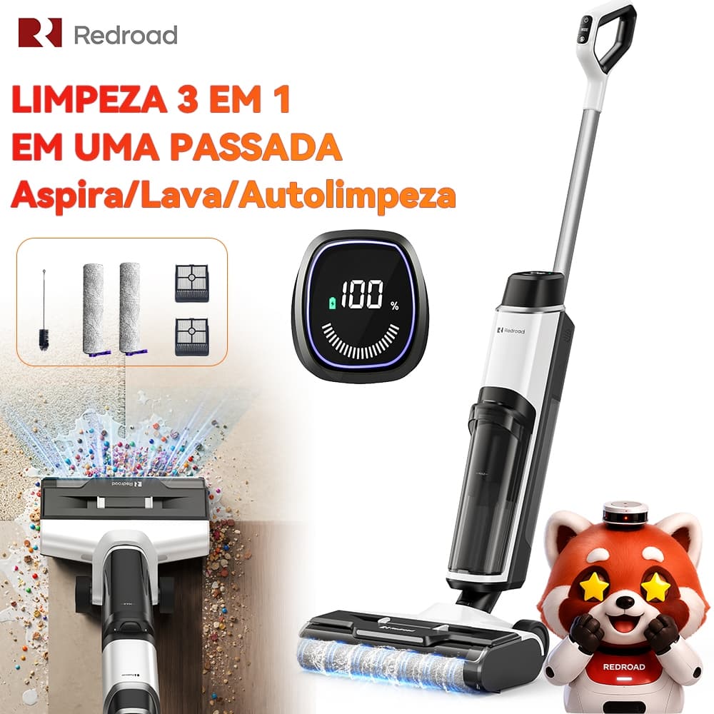 Aspirador Lavador de Piso 3 em 1 200W Aspira e Lava Autolimpeza Tanque 910ml Tela LED Bivolt 100-240V Redroad W15