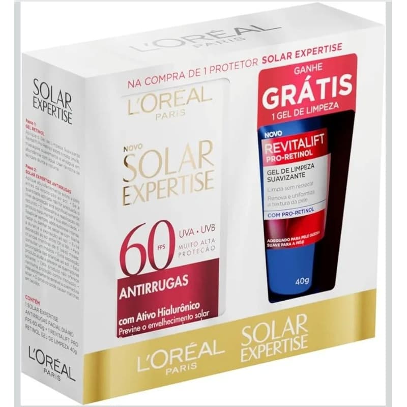Kit Protetor Solar Expertise FPS60 Antirrugas 40g + Gel de Limpeza Revitalifit Pro-Retinol 40g