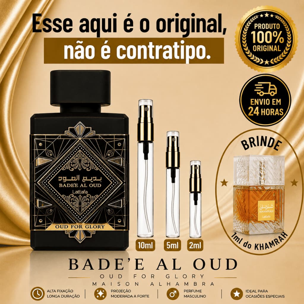 Bade'e Al Oud Oud for Glory Perfume Árabe Masculino  - 100% ORIGINAL - Importado - Alta Fixação - Alta Projeção - OUD
