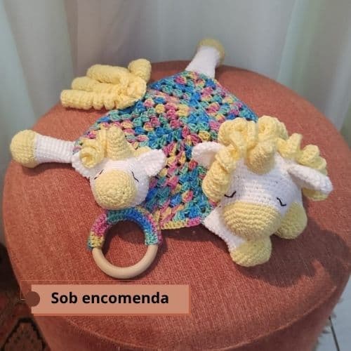 Kit Naninha + Chocalho Unicórnio em Crochê para Bebê | Amigurumi Artesanal | Sob Encomenda