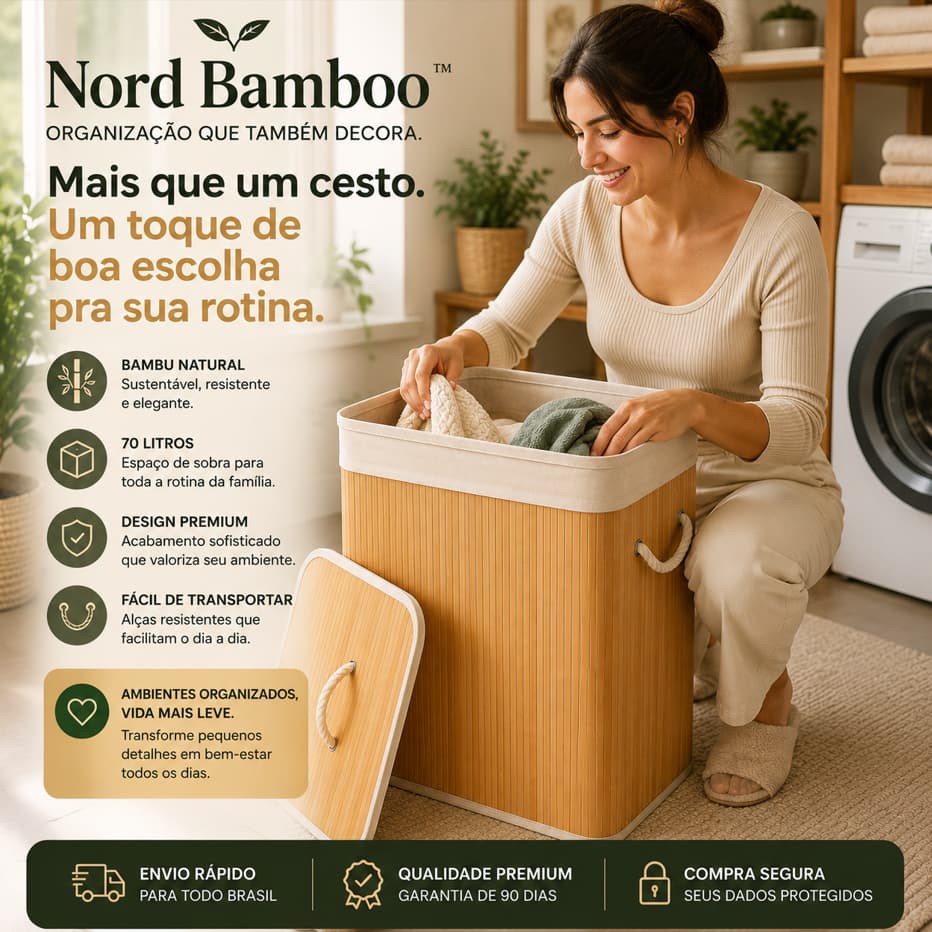 Cesto de Roupas em Bambu 70L Organizador com Tampa e Alças Dobrável para Lavanderia Quarto e Banheiro