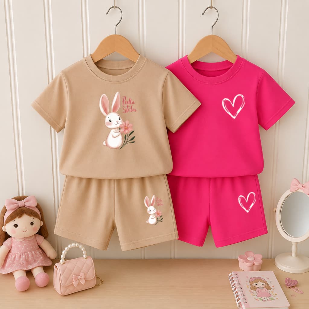 Kit Infantil 4 peças menina short e camiseta bege coelhinha pink coração
