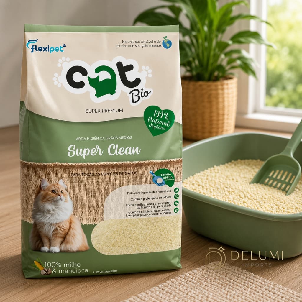 Areia Sanitária Catbio Super Clean 4kg Grãos Médios Milho e Mandioca Biodegradável Torrão Firme Sem Poeira