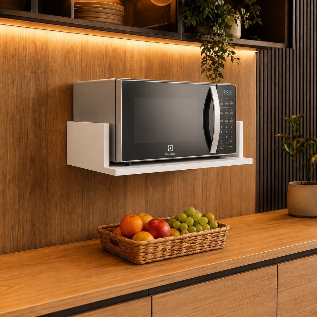Nicho Suporte Para Micro-ondas MDF 15mm Reforçado Parede Prateleira Suspenso Organização Cozinha Cantoneira Aço