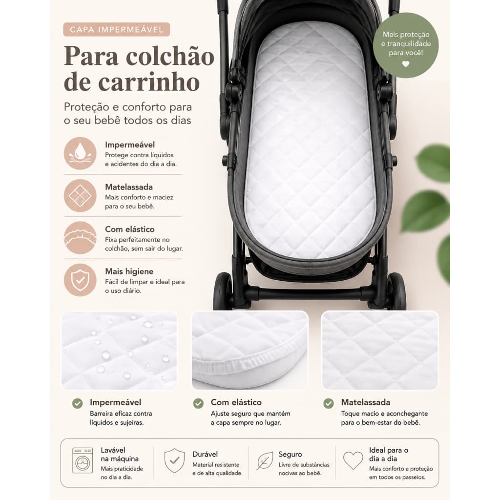 Capa Protetora Impermeável Para Bebê Berço Colchonete Carrinho Moisés Removível