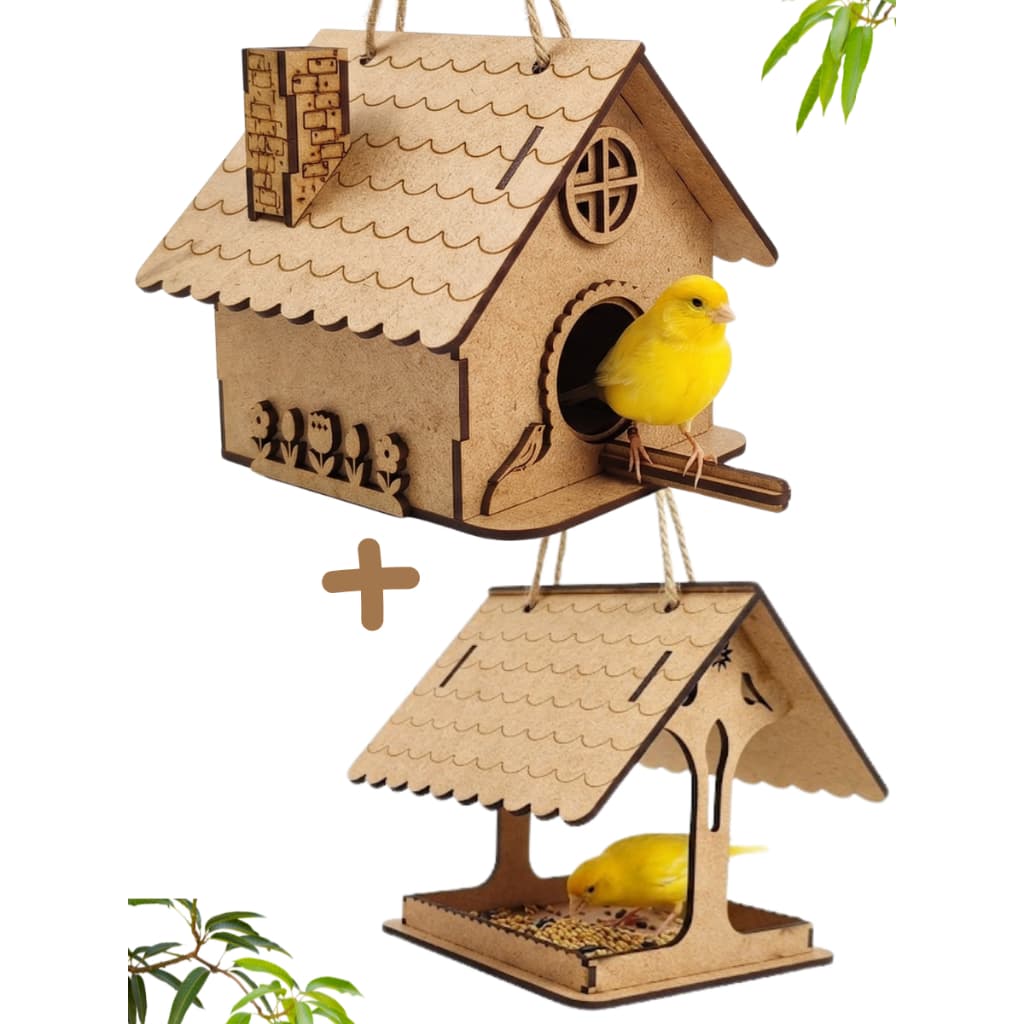 Casa de Passarinho para Jardim em MDF com Comedouro | Casinha de Madeira Artesanal