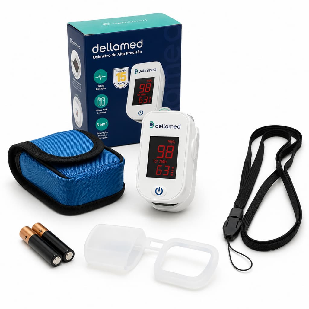 Oxímetro de Dedo Dellamed Digital LED Alta Precisão SpO2 Saturação Oxigênio Pulso Portátil Estojo Pilhas Capa Silicone