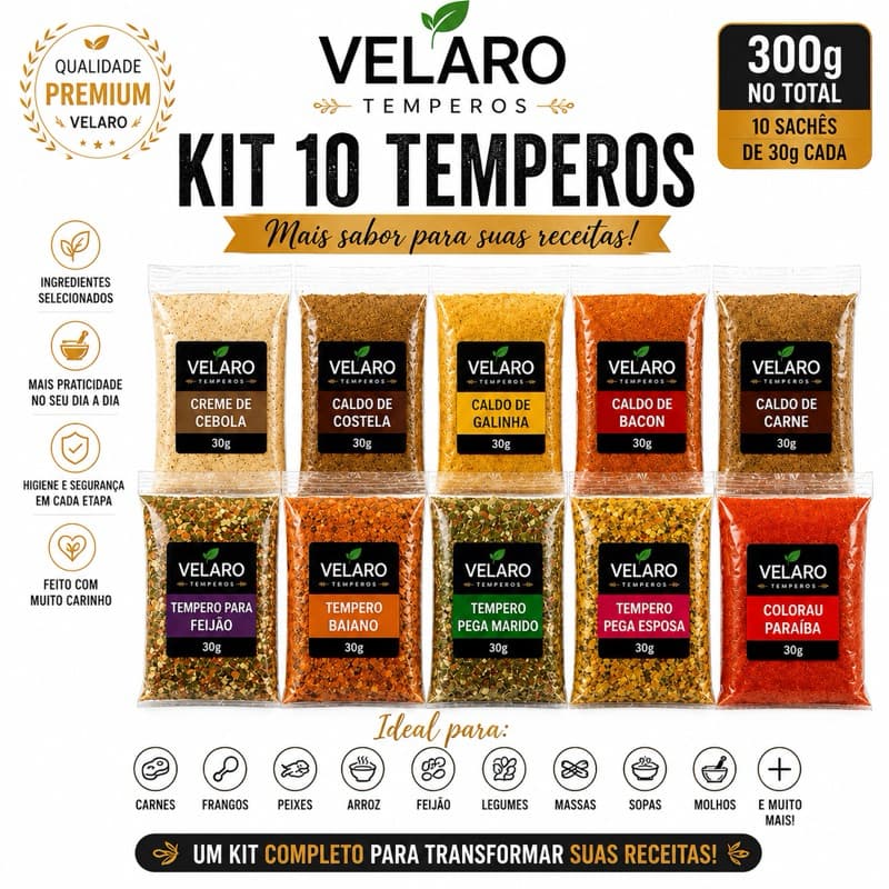 Kit 10 Temperos 30g | Alho Frito, Tempero Ana Maria, Caldos, Cominho e Mais (k02)