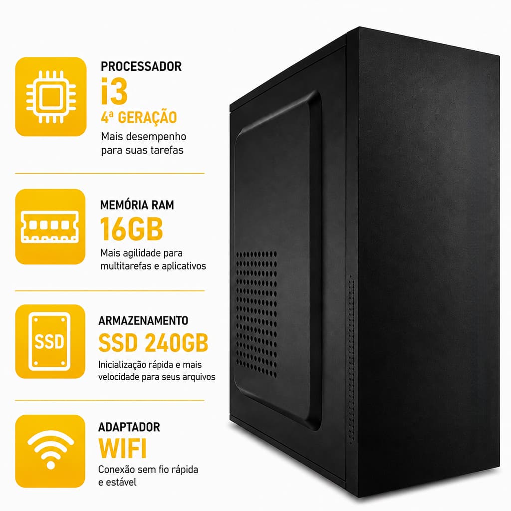 Desktop CPU Intel i3 De 4ª Geração 16gb Ram Ddr3 SSD 240gb Computador Torre Com Wifi Cabo De Força