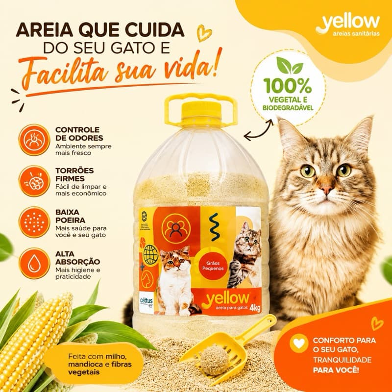 AREIA SANITÁRIA YELLOW CATTUS PARA GATOS 4KG | BIODEGRADÁVEL | ALTA ABSORÇÃO | SEM PERFUME | BAIXA POEIRA