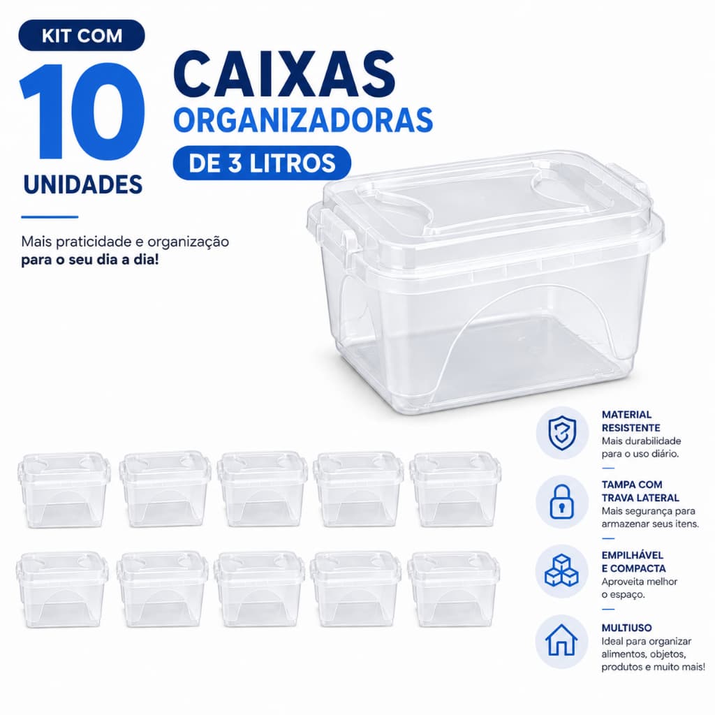 Kit 10 Caixas Organizadora 3 Litros Com Trava Transparente Plástico Resistente Multiuso Organizador Escritório Cozinha