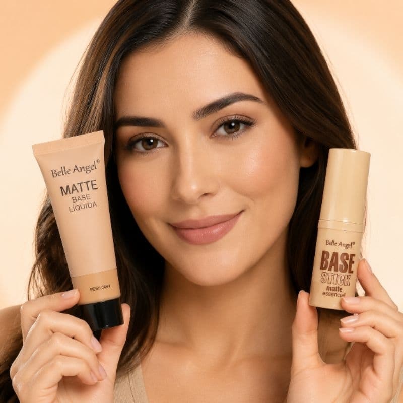 Kit Base Líquida Matte + Base Stick Belle Angel Alta Cobertura e Retoque Fácil