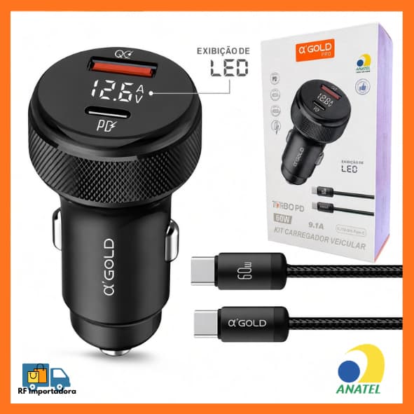 Kit Carregador Veicular + Cabo 60W Turbo PD Com Visor LED 9.1A Tipo-C E USB QC4.0 A'Gold Para Android E IPhone
