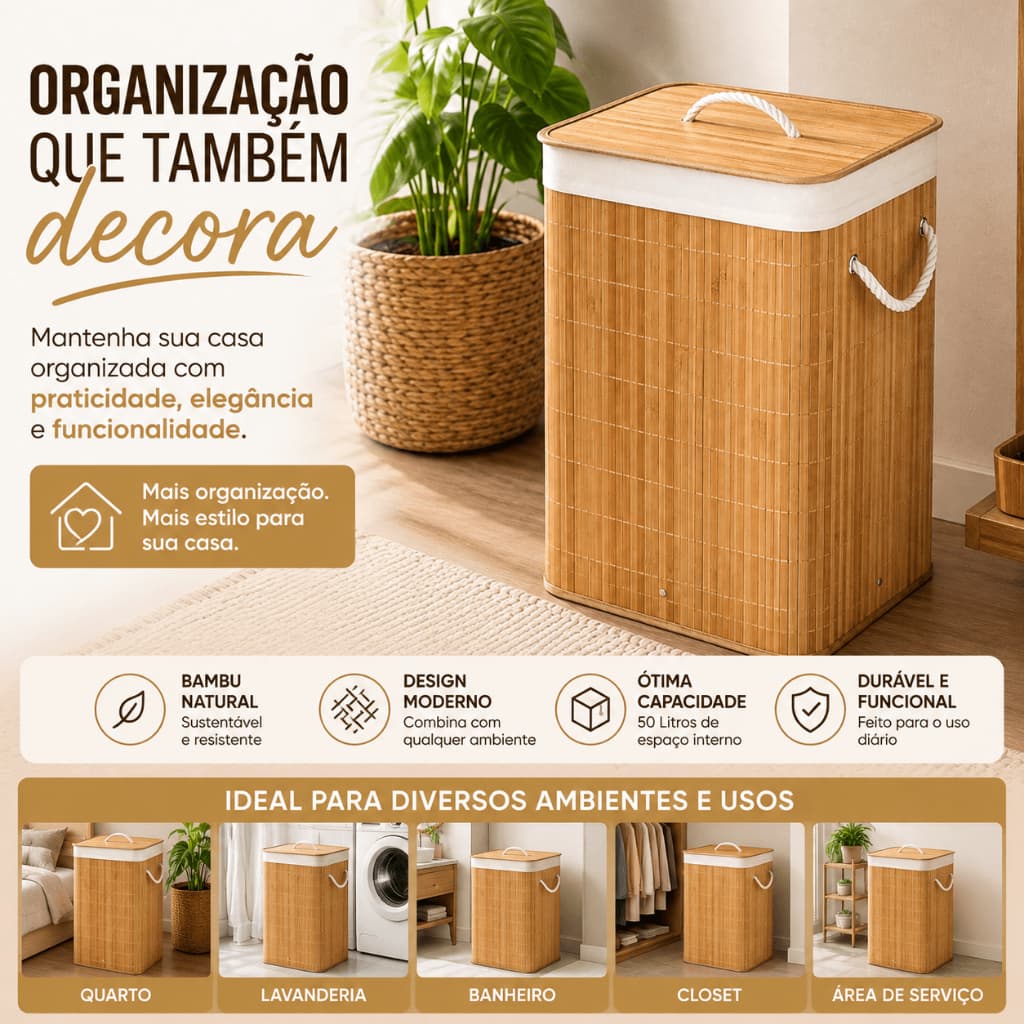 Cesto De Roupa Suja Bambu Dobrável Retangular 50L Grande Organizador Forrado Tampa Alças Banheiro Lavanderia Multiuso