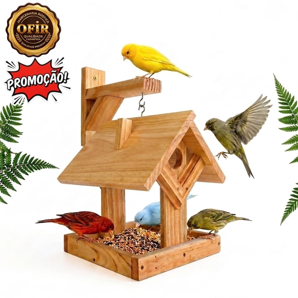 Casinha de Passarinho com mão francesa Comedouro em Madeira Pinus, Casa para Pássaros/ Aves, Canário, Periquito e pardal