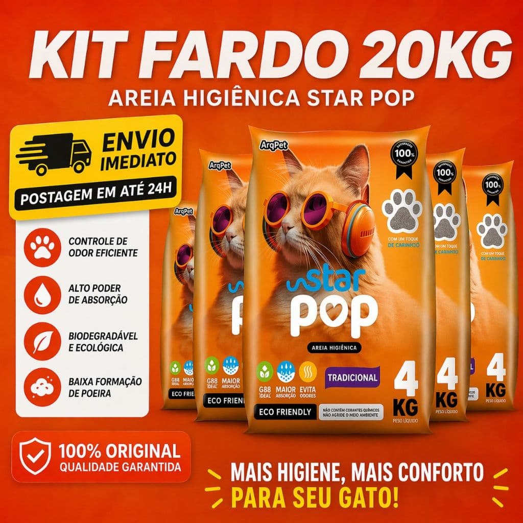 Kit 5 Areia Sanitária Star Pop Tradicional Higiênica Argila Natural  para Gato Antiodor 20kg Argipet
