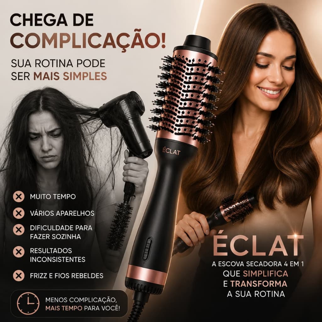 Escova Secadora Éclat 1300W Bivolt Profissional 4 em 1 Modeladora Alisadora para Cabelos