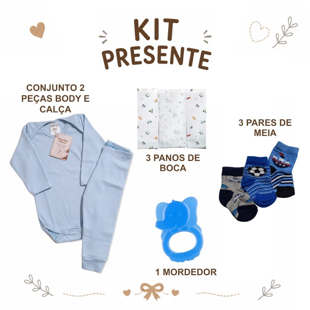 Kit Presente Bebê Conjunto  Body e Calça Meias Pano de Boca 100% Algodão Mordedor Enxoval Bebê Chá de Bebê