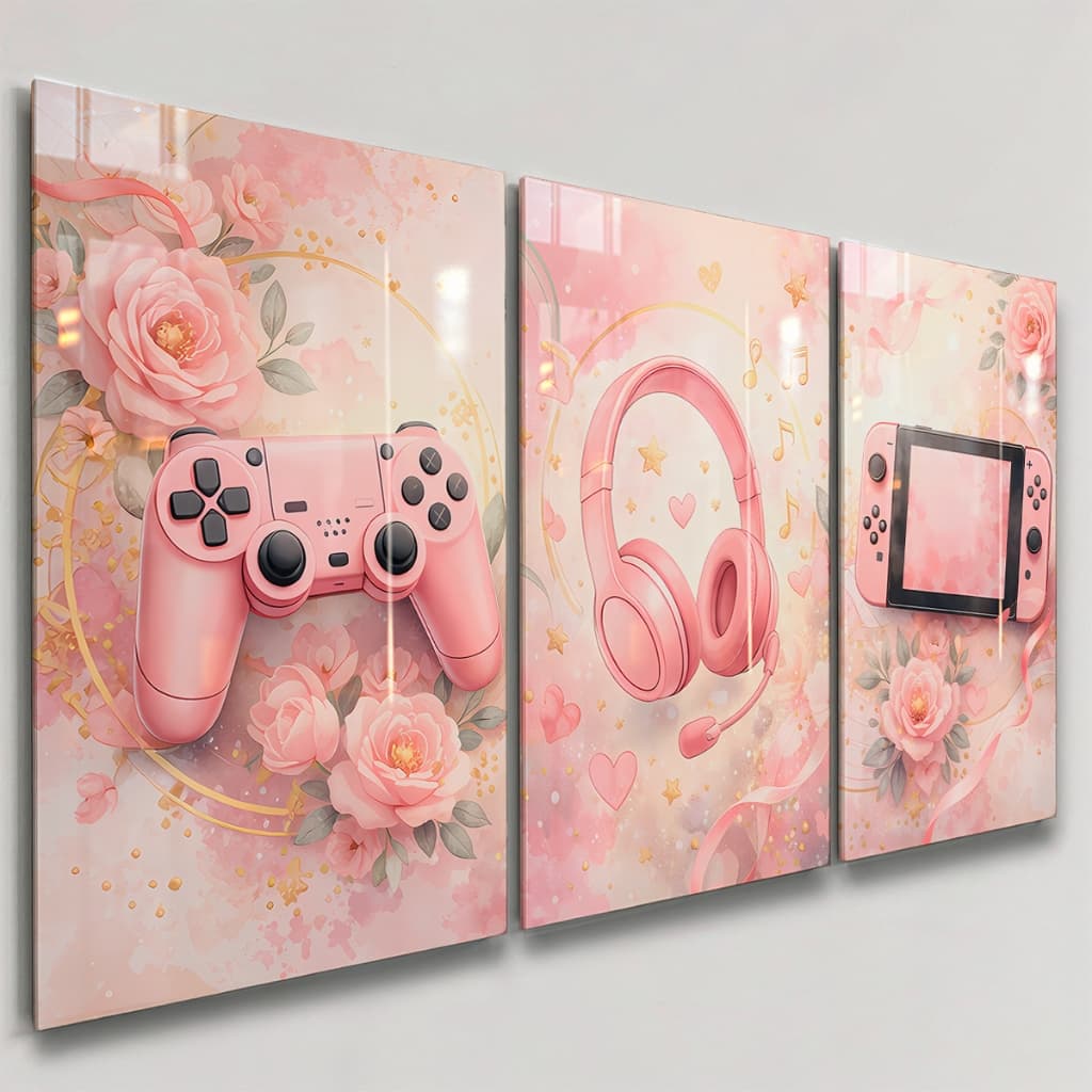 Quadros Decorativos 3 Peças Controle Videogame Fone Rosa Flores Gamer Casa Sala Quarto Decoração Parede