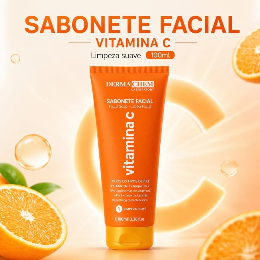 Sabonete Facial Vitamina C Dermachem 100ml Anti-Idade Hidratante Limpeza Facial Todos os Tipos de Pele Beleza Skincare