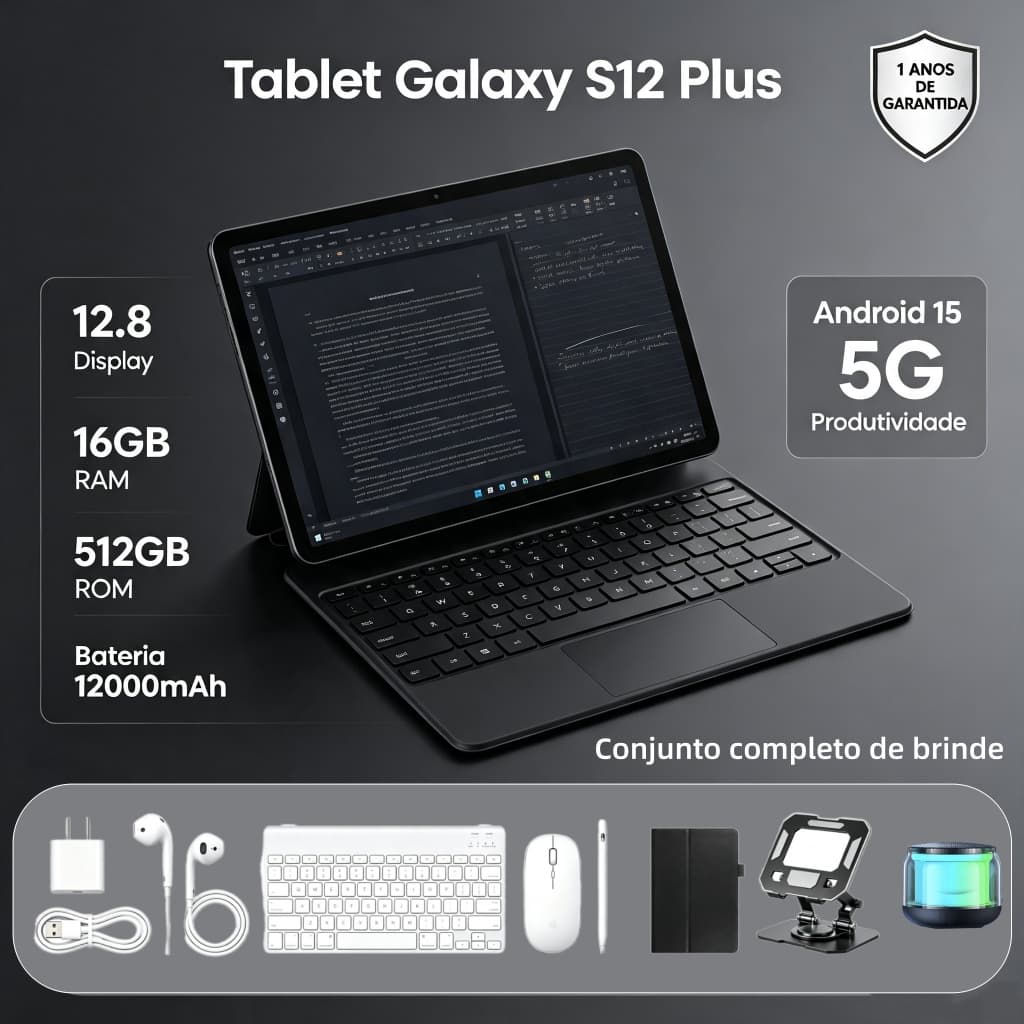 【Teclado e mouse gratuitos】Tablet S12 Plus 12,8 polegadas HD, bateria de 12.000 mAh Android 5G – Entrega rápida