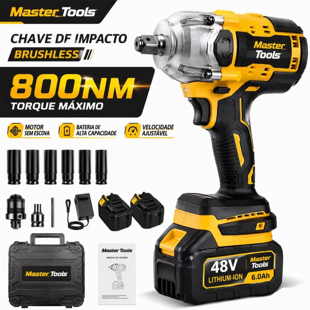 Chave de Impacto 48V 800NM Brushless 2 Baterias Sem Fio Maleta Kit Furadeira Parafusadeira