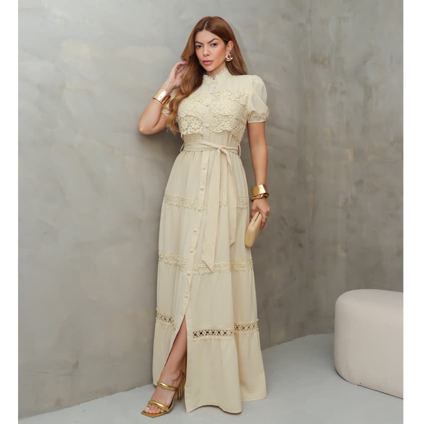 Vestido Longo Feminino com Renda Manga Curta Bufante Cinto Faixa Elegante Festa SD4040