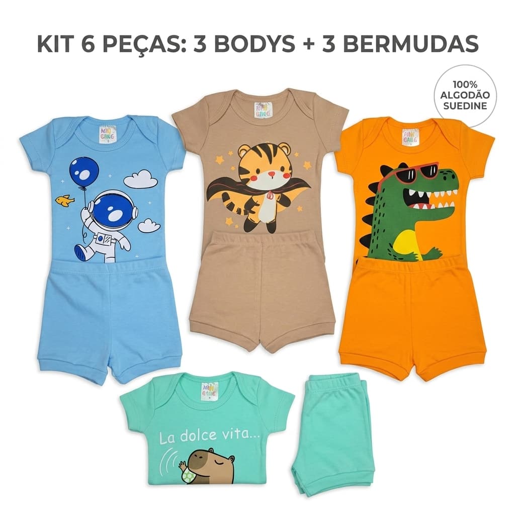 Kit 6 Peças Body de Bebê Menino Suedine 100% Algodão 3 Body Manga Curta + 3 Shorts Nenem Enxoval Verão P ao GG